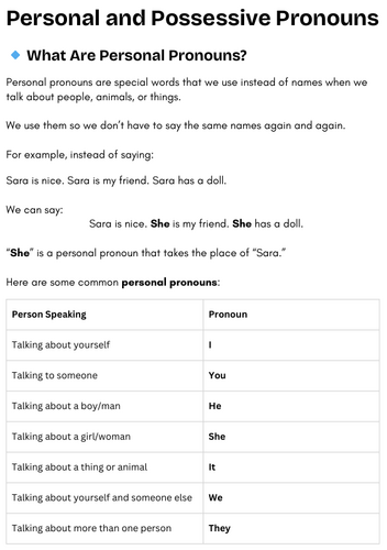 personal and possessive pronouns worksheet grade 1