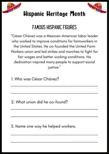 Hispanic Heritage Month Reading Comprehension | Bilingual Spanish English Worksheets for Kids | Hisp