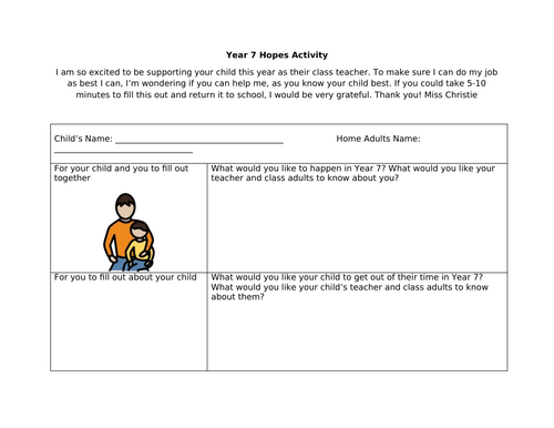 Pupil and Parent Hopes for the Year Activity sheet