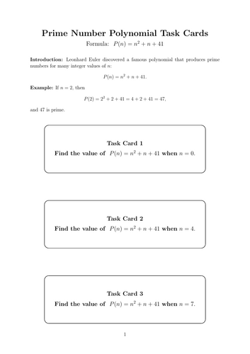Prime Number Polynomial Task Cards