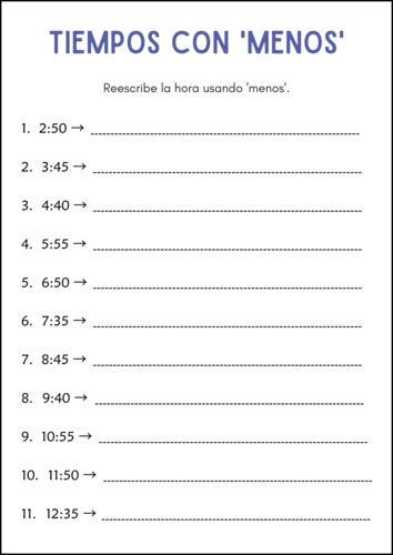 How to Tell Time Practice Activities Worksheets in Spanish - Cómo Decir la Hora