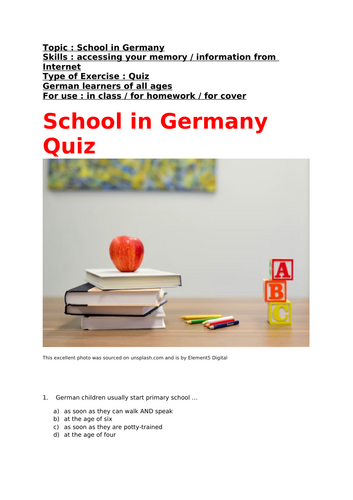 German, School in Germany, a quiz for learners of German of all ages