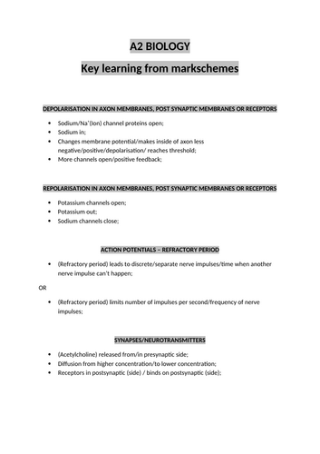 A level Biology key phrases from markshemes for revision