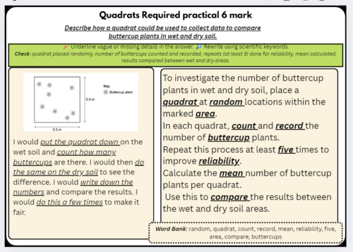GCSE Biology 2 Required Practical – Quadrats (6 Mark Exam Question + Scaffolding)