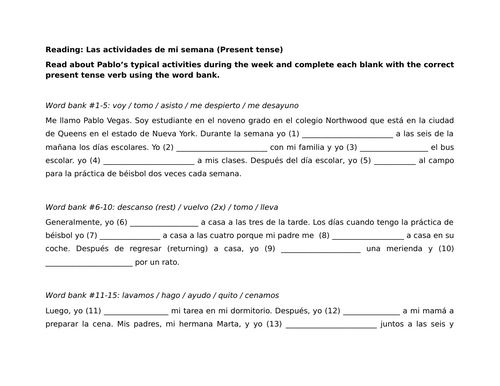 Reading: Las actividades de mi semana (Present tense)