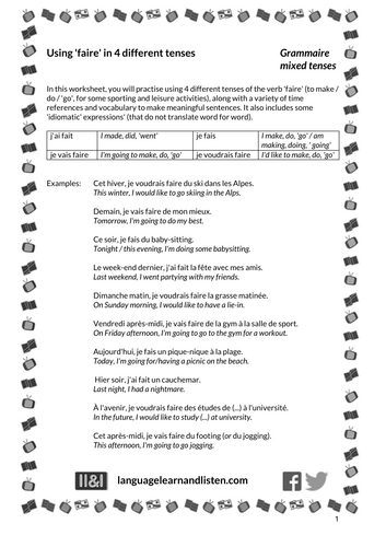 French - using 'faire' (to do/make/ 'go' etc.) in 4 different tenses