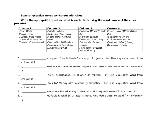 Spanish question words worksheet with clues