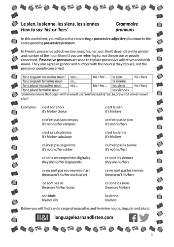 French - possessive pronouns - Le sien, la sienne, les siens, les siennes - how to say his / hers