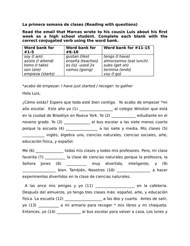 La primera semana de clases (Reading with questions)