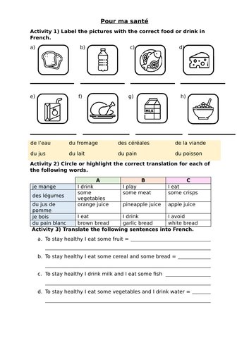 French - Healthy food and drink worksheet