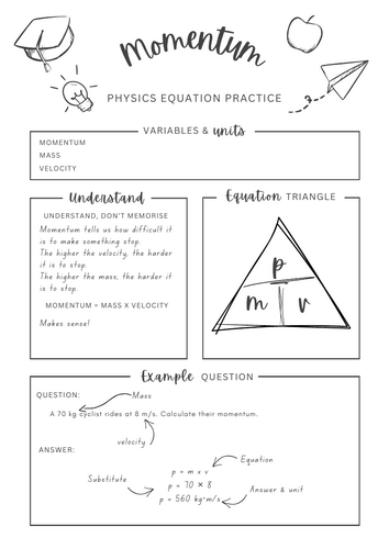 Momentum p=mv equation - Physics equation worksheet