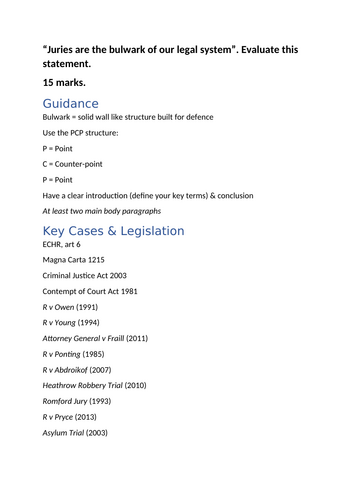 A-Level Law: Juries Evaluation Essay + Model + Plan - Eduqas English Legal Systems