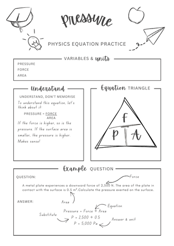 Pressure P=F/A equation - Physics equation worksheet