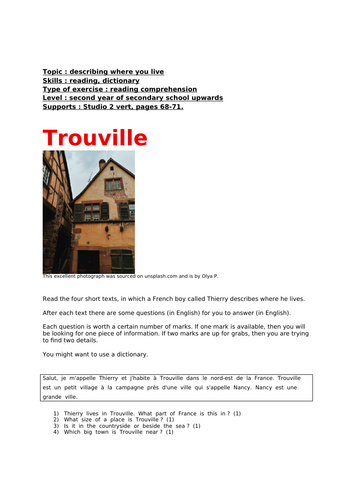 French, Où j'habite (Where I live), read comp, second year upwards