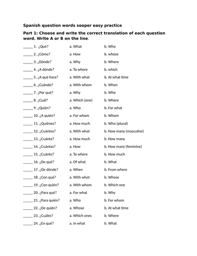 Spanish question words sooper easy practice