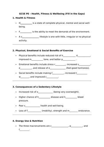 Fill in the Gaps Revision Sheet for GCSE PE - All topics