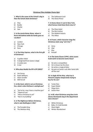 Christmas Films Multiple Choice Quiz