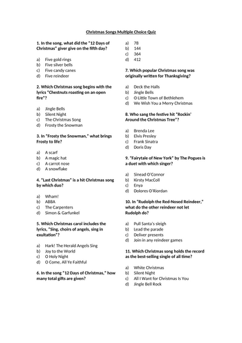 Christmas Songs Multiple Choice Quiz