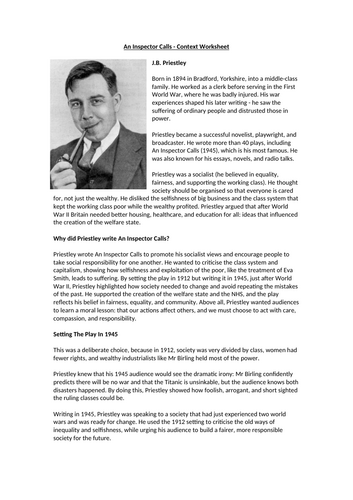An Inspector Calls - Context Worksheet