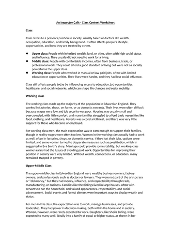 An Inspector Calls - Class Context Worksheet