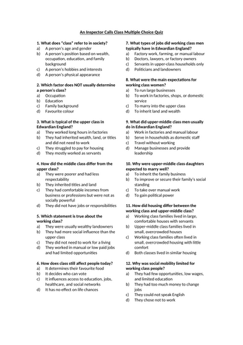 An Inspector Calls - Class Multiple Choice Quiz