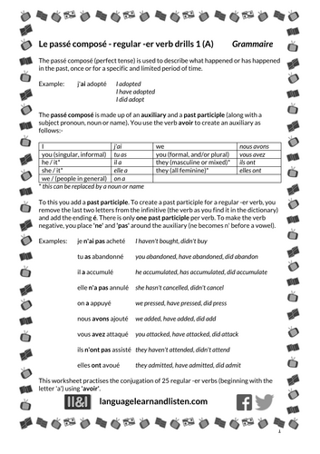 French - Passé composé - regular -er verb drills 1 (A)