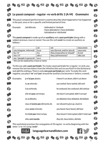 French - Passé composé - regular -re verb drills 1 (A-M)