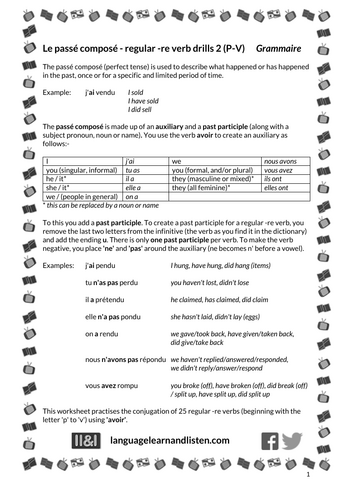 French - Passé composé - regular -re verb drills 2 (P-V)