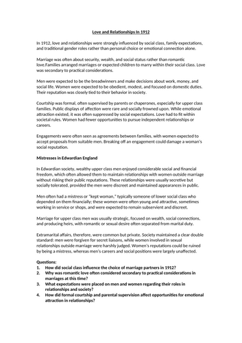 An Inspector Calls - Love and Relationships in 1912 Context Worksheet