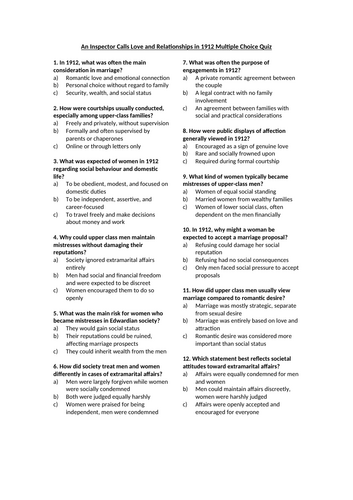 An Inspector Calls - Love and Relationships in 1912 Multiple Choice Quiz