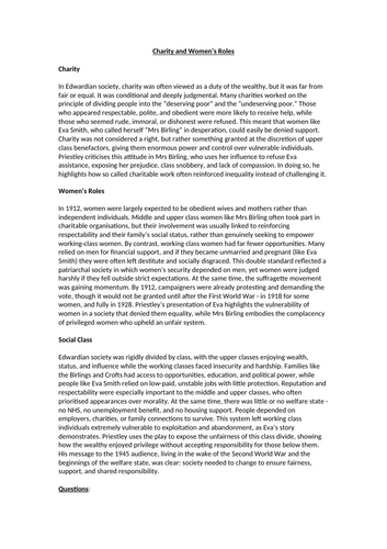 An Inspector Calls - Charity and Women’s Roles Context Worksheet