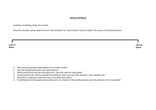 An Inspector Calls - Spectrum Of Blame Worksheet