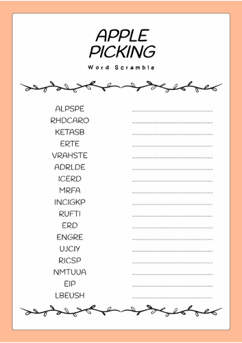 Apple Picking Word Scramble Puzzle Worksheet Activity