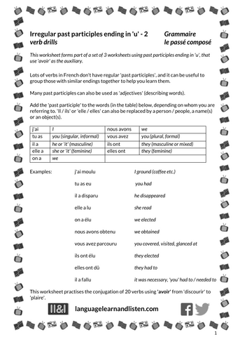 French - Passé composé - Irregular past participles ending in 'u' - 2