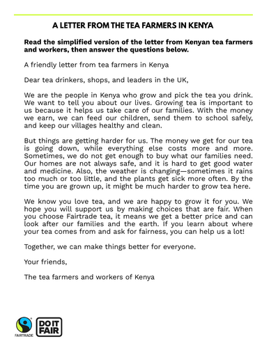 Younger years comprehension task: A letter from the people who grow the tea you drink