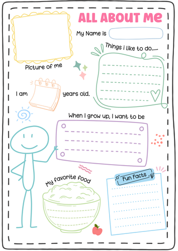All About Me Printable Worksheet School