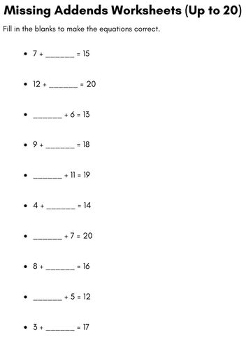 missing addend up to 20 - missing addends worksheets up to 20