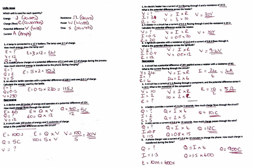 Electricity equations worksheet