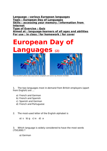 European Day of Languages Quiz (2), for learners of Modern Languages of all ages and abilities !