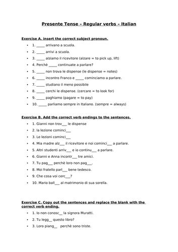 Present tense Regular verbs Italian