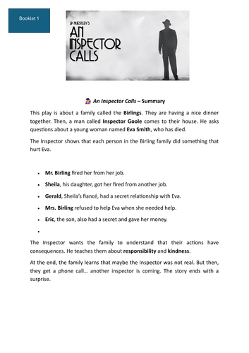 An Inspector Calls Booklet for EAL stage A and B