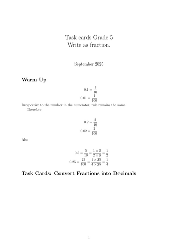 “Mastering Decimals: 15 Task Cards for Converting to Fractions”