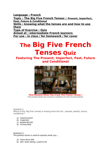 French, The Big Five French Tenses : Present, Imperfect, Past, Future & Conditional, Revision