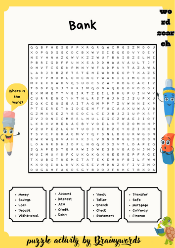 Bank Word Search Puzzle Worksheet + Answer Key