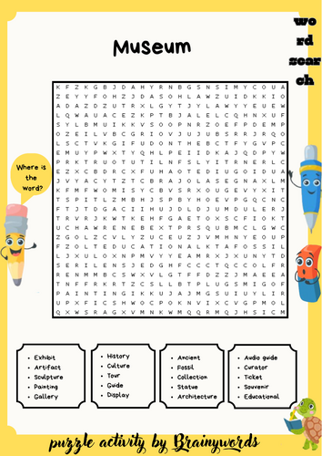 Museum Word Search Puzzle Worksheet + Answer Key