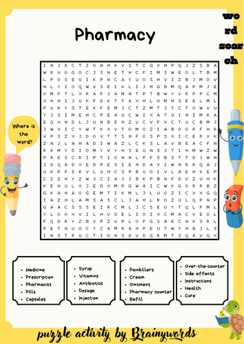 Pharmacy Word Search Puzzle Worksheet + Answer Key