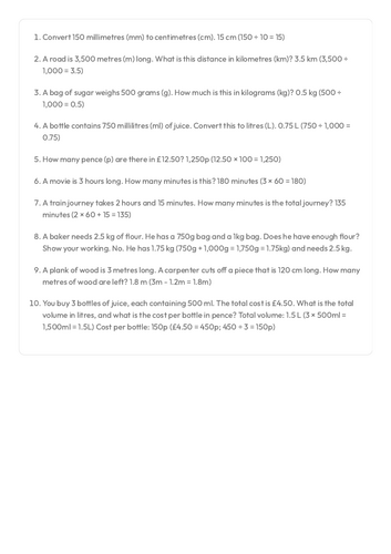 FS Maths - Unit Conversion Basic Practice Sheet
