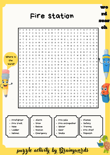 Fire Station Word Search Puzzle Worksheet + Answer Key
