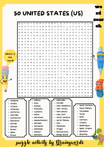 50 United States (US) Word Search Puzzle Worksheet + Answer Key