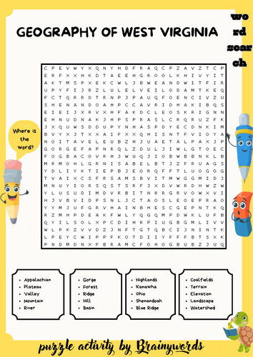 West Virginia Geography Word Search Puzzle + Answer Key